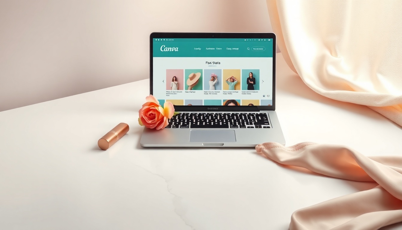 캔바 사용법 - flat lay of laptop showing Canva design interface with colorful templates on white desk, canva usage concept