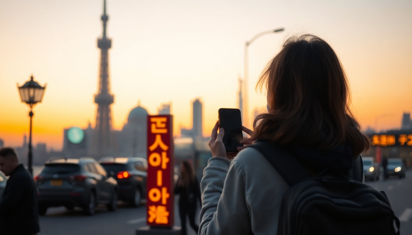 검색으로 외국인 - Korean woman upper body shot with face visible, using smartphone to search travel spots in Seoul, natural hands, bright lifestyle photography