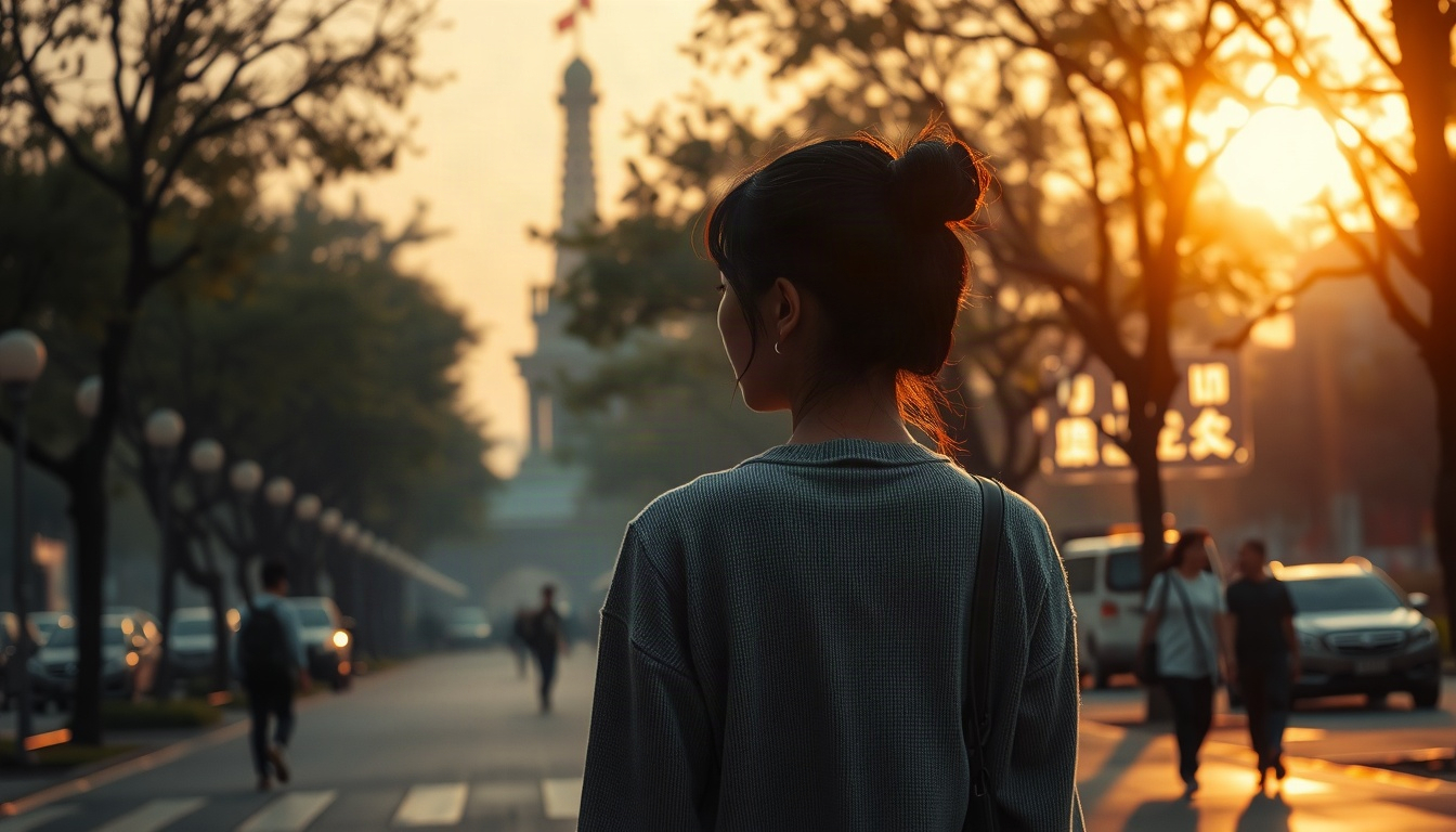 길로 가면 - Korean woman full body shot with face visible, walking on a shaded tree-lined path in summer, natural hands holding a small bag