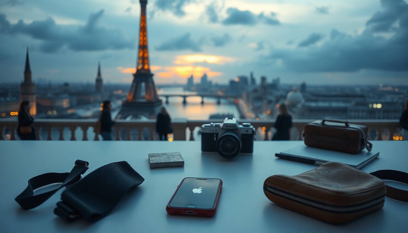 커플 여행 - flat lay of travel essentials on white background, couple travel items including camera, map, sunglasses, and journal, romantic travel concept