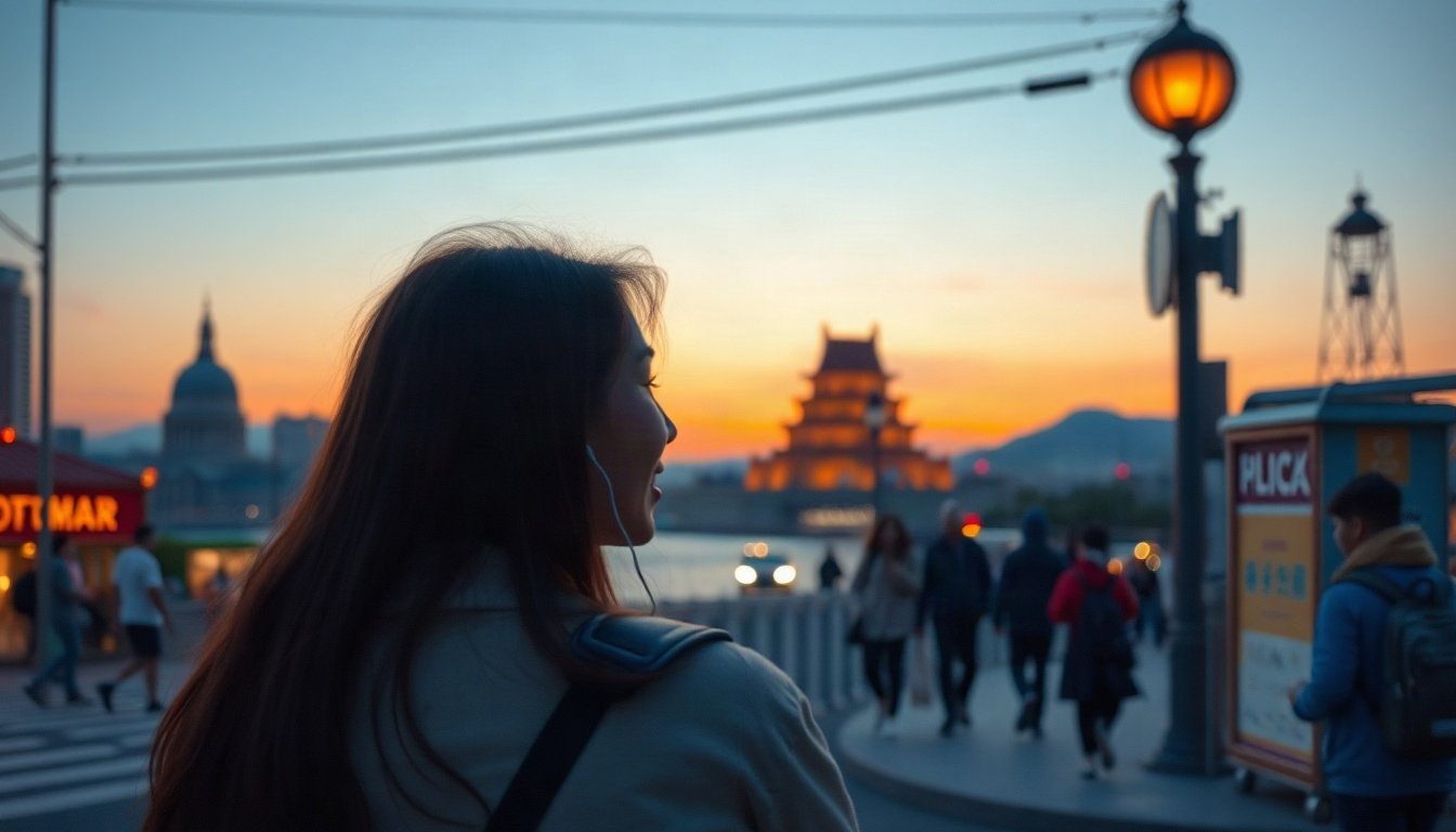 셀럽 목소리 - Korean woman upper body shot with face visible, wearing earphones and smiling while exploring a traditional Korean village street, travel mood