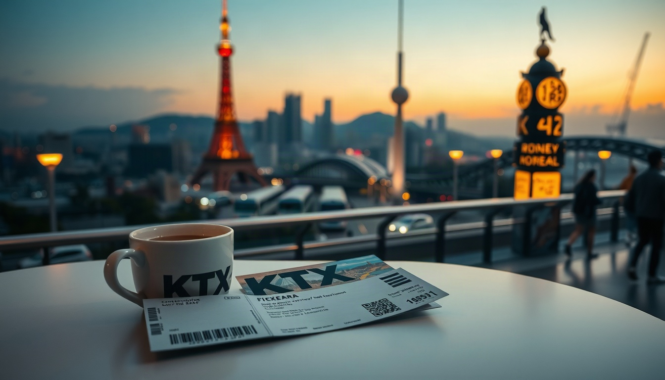 창하 타고 - flat lay of KTX train ticket, coffee cup and travel map on white table, Korean train travel concept