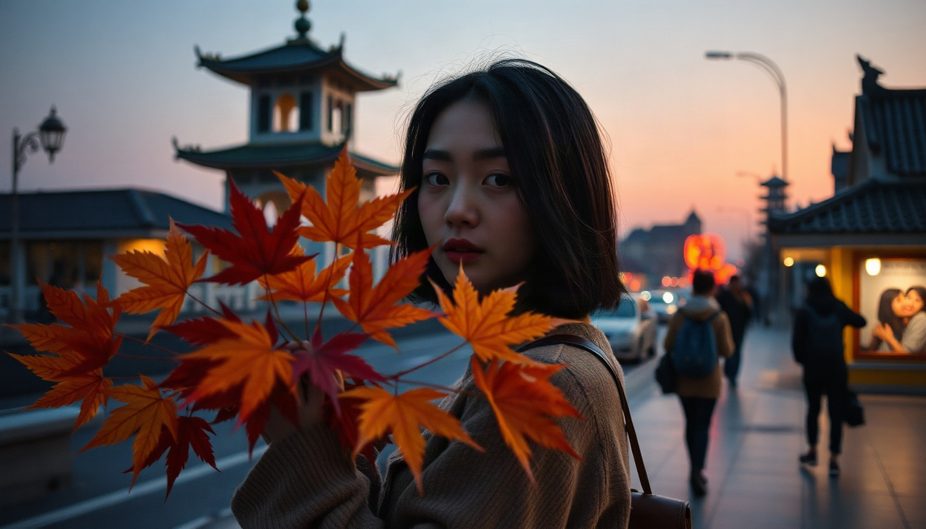 국내여행지 가을 - Korean woman upper body shot with face visible, holding autumn maple leaves outdoors at scenic travel spot, natural hands, warm fall colors