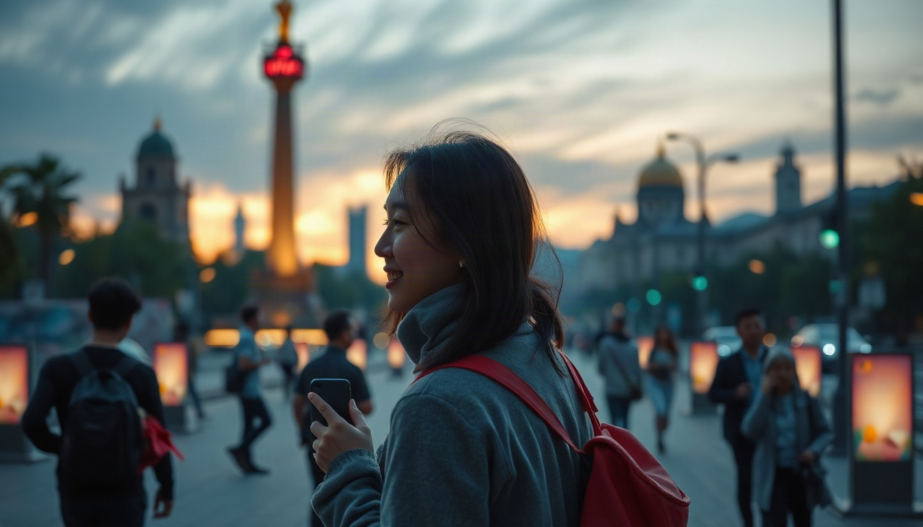 여행자 보험 - Korean woman upper body shot with face visible, smiling and using smartphone to purchase travel insurance online, natural hands, bright and warm lighting