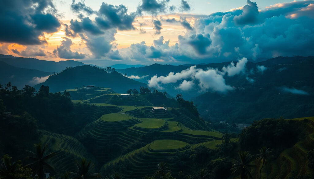 발리 여행 - aerial view of Bali rice terraces and tropical landscape, travel destination concept, lush green scenery