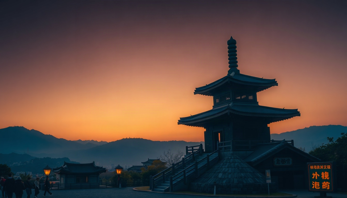 풍향중 누적 - Mireuksaji stone pagoda in Iksan, wide shot with blue sky, peaceful historical Korean landscape, travel destination