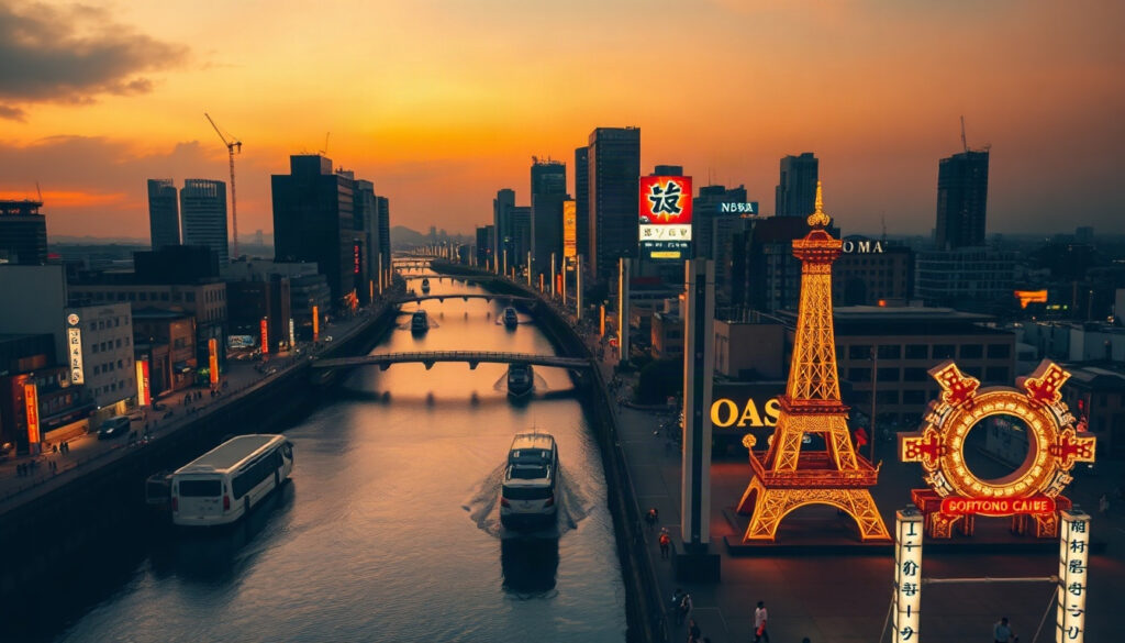 오사카 여행 - aerial view of Osaka cityscape with Dotonbori canal at sunset, vibrant city lights reflecting on water, travel concept