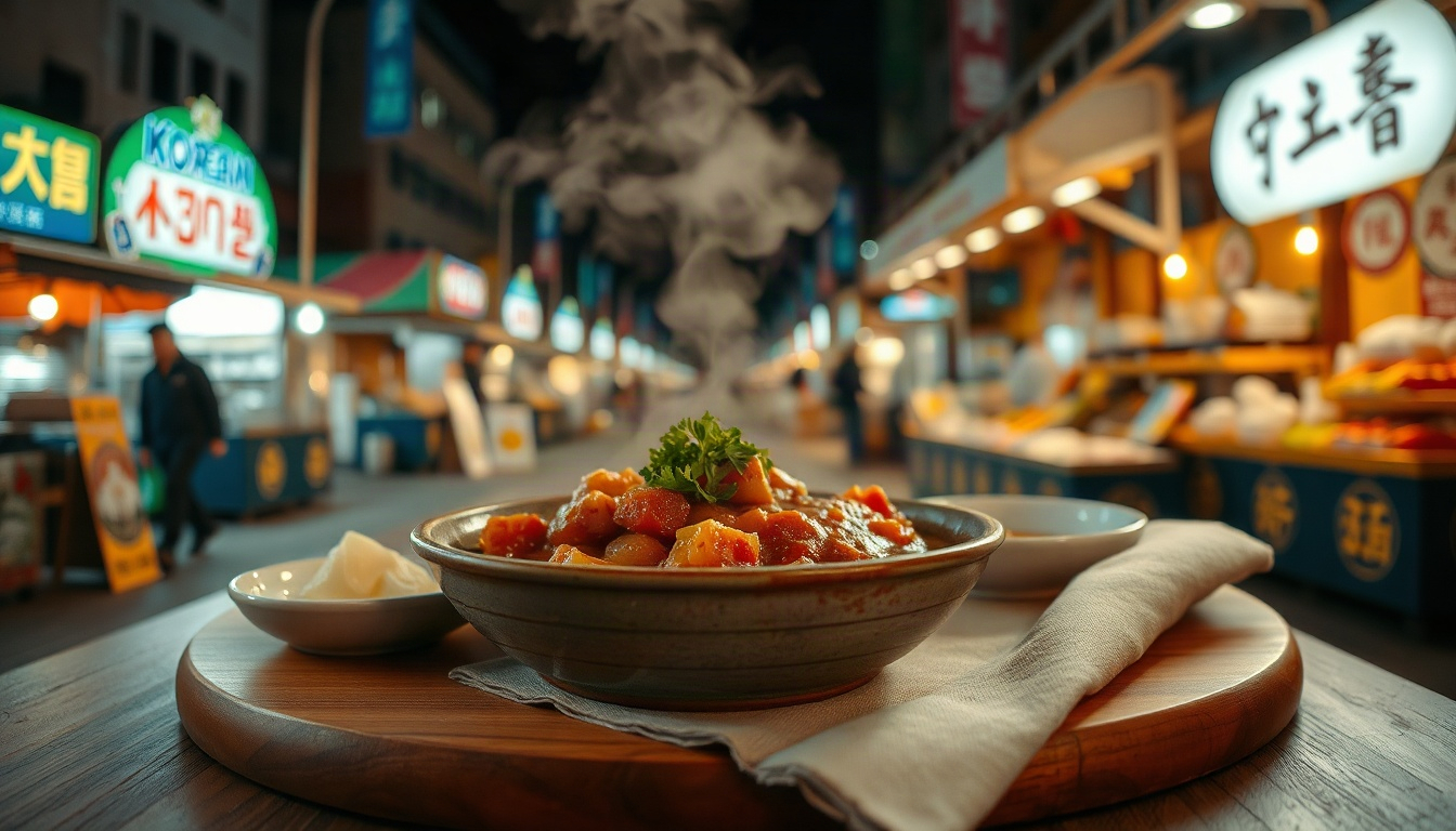 파우 요치 - Korean street food market at night with colorful lights and food stalls, authentic Korea travel experience