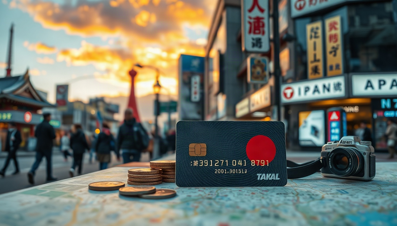 일본 여행 - flat lay of Japan travel essentials including IC card, map, yen coins and passport on wooden table, Japan travel planning