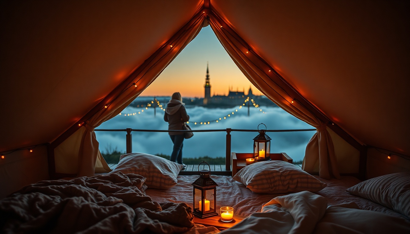 글램핑 추천 - flat lay of glamping tent interior with fairy lights, cozy bedding and lanterns on wooden table, warm aesthetic