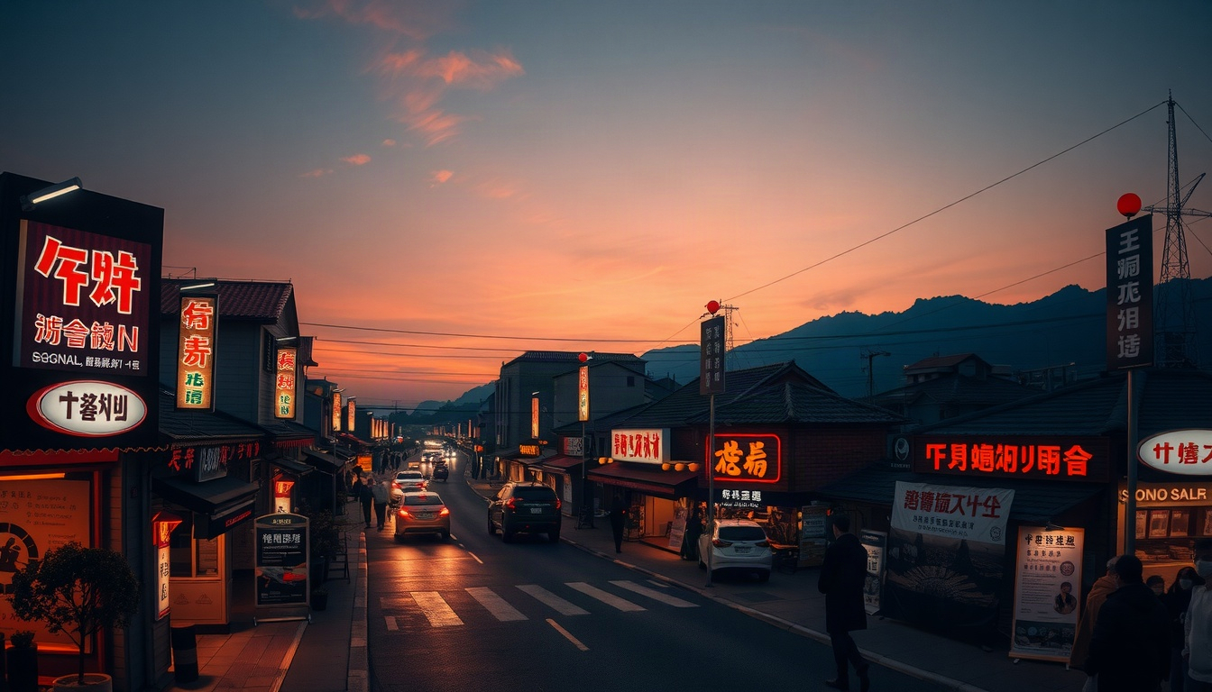 풍향중 누적 - aerial view of Iksan city street with warm sunset light, Korean travel destination, cozy alley atmosphere