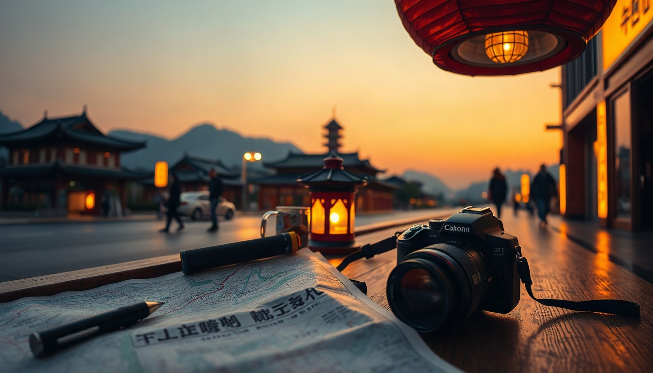 경북문화관광공사 올여름 - flat lay of summer travel essentials for Gyeongbuk night tour, map, lantern, camera on white background