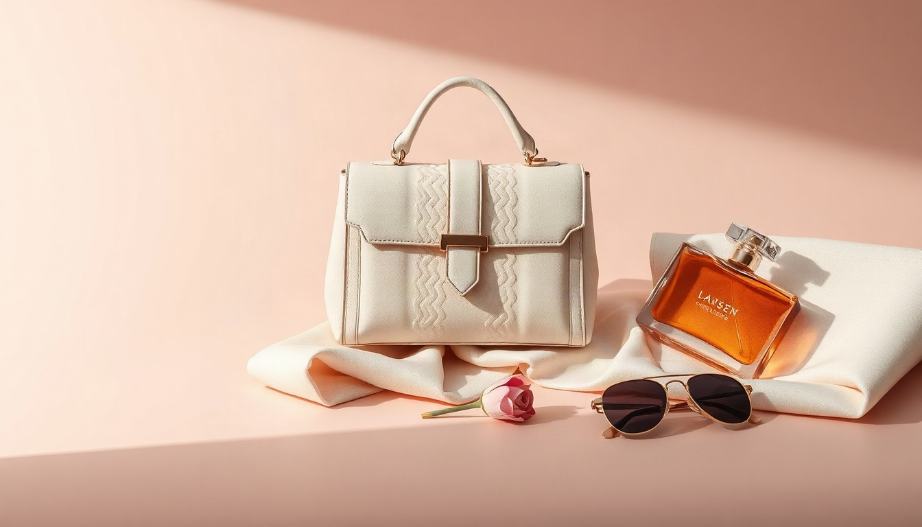 명품 브랜드 - flat lay of luxury brand accessories including handbag, perfume, and sunglasses on beige background, elegant lifestyle concept