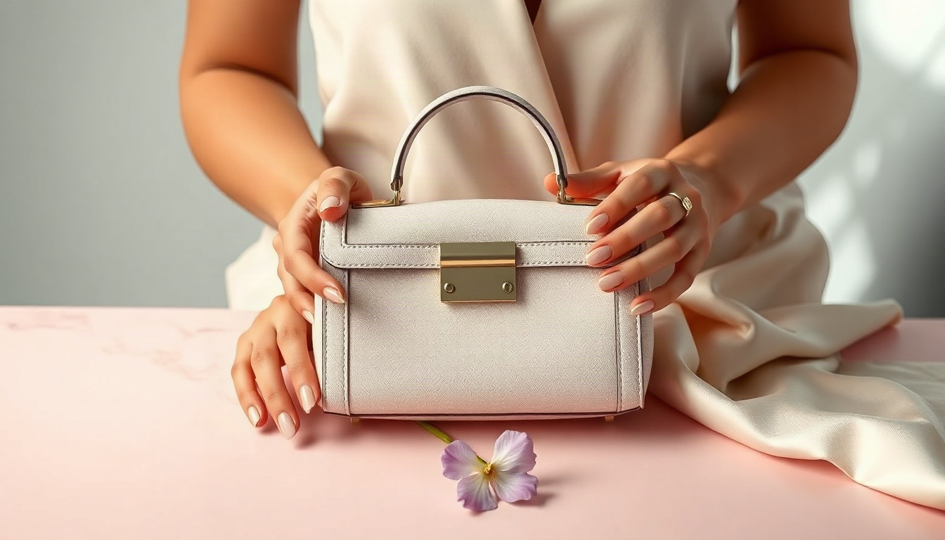 명품 브랜드 - Korean woman upper body shot with face visible, holding luxury handbag in bright shopping mall, natural hands, stylish fashion concept