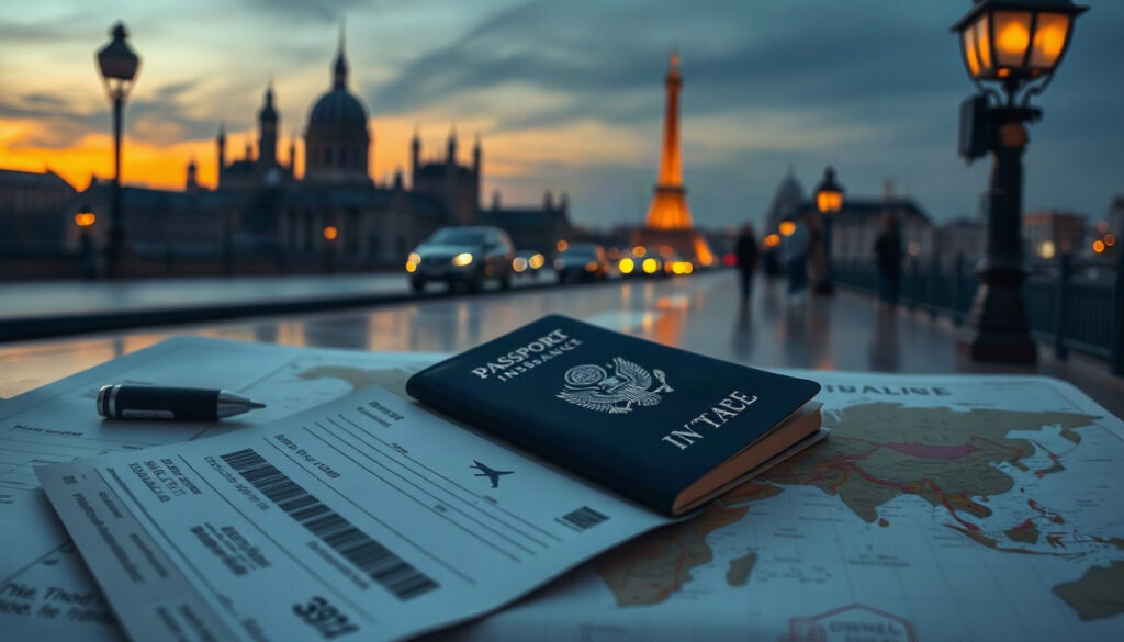 여행자 보험 - flat lay of passport, travel insurance documents, airplane ticket and world map on white background, travel insurance concept