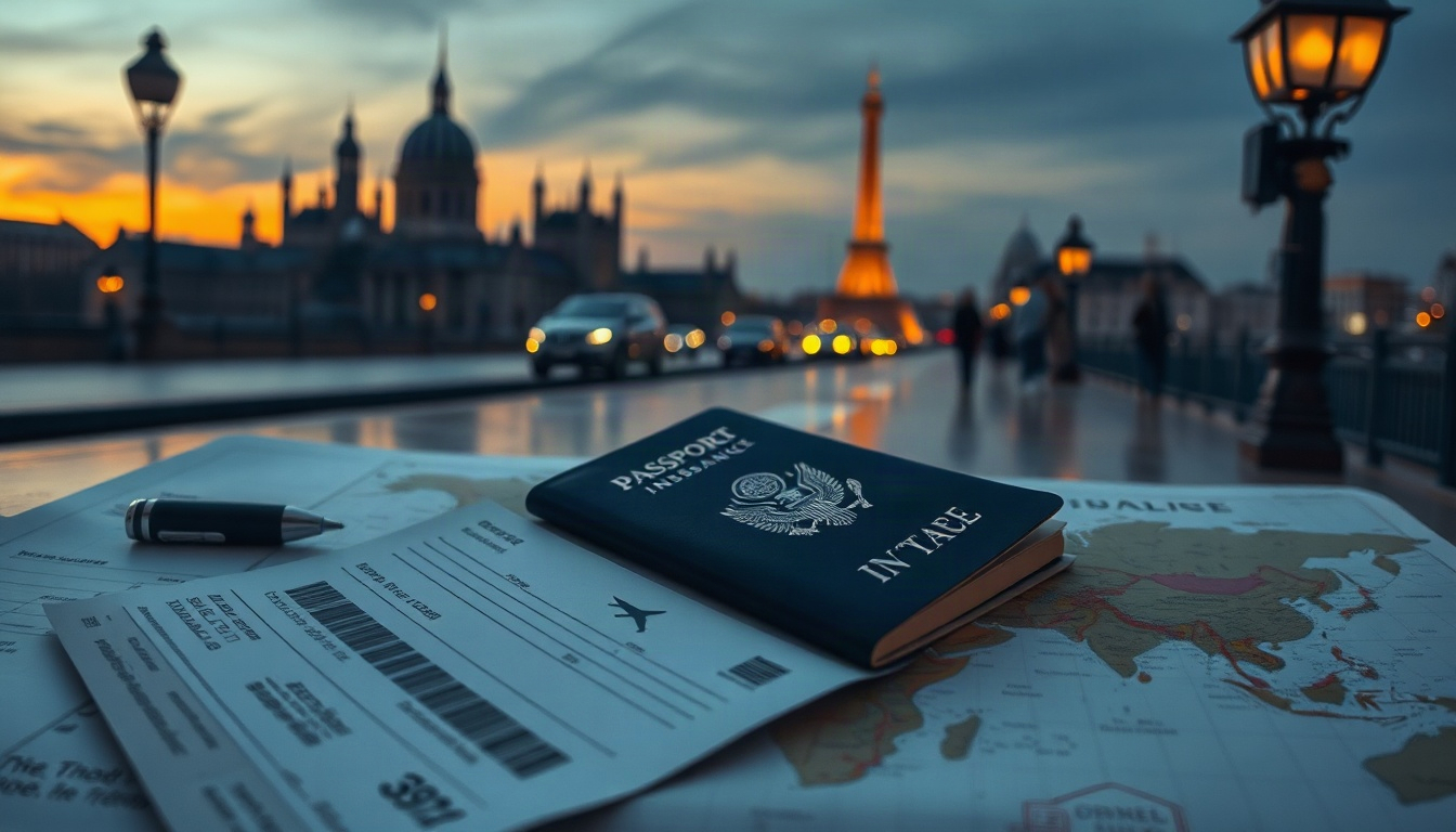 여행자 보험 - flat lay of passport, travel insurance documents, airplane ticket and world map on white background, travel insurance concept