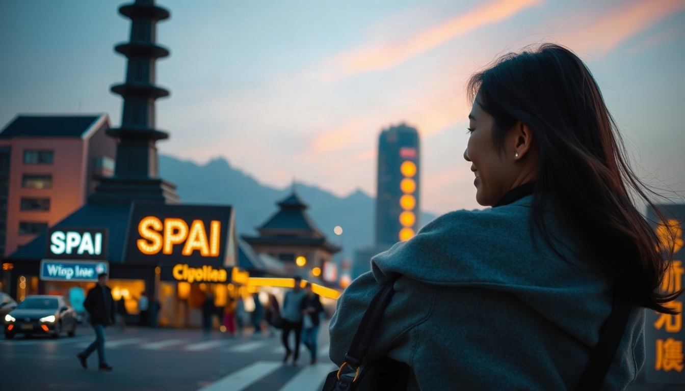 여기어때 스페인 - upper body shot of Korean woman with face visible, smiling while looking at Spain travel brochure in cozy cafe, natural hands, Spain travel planning
