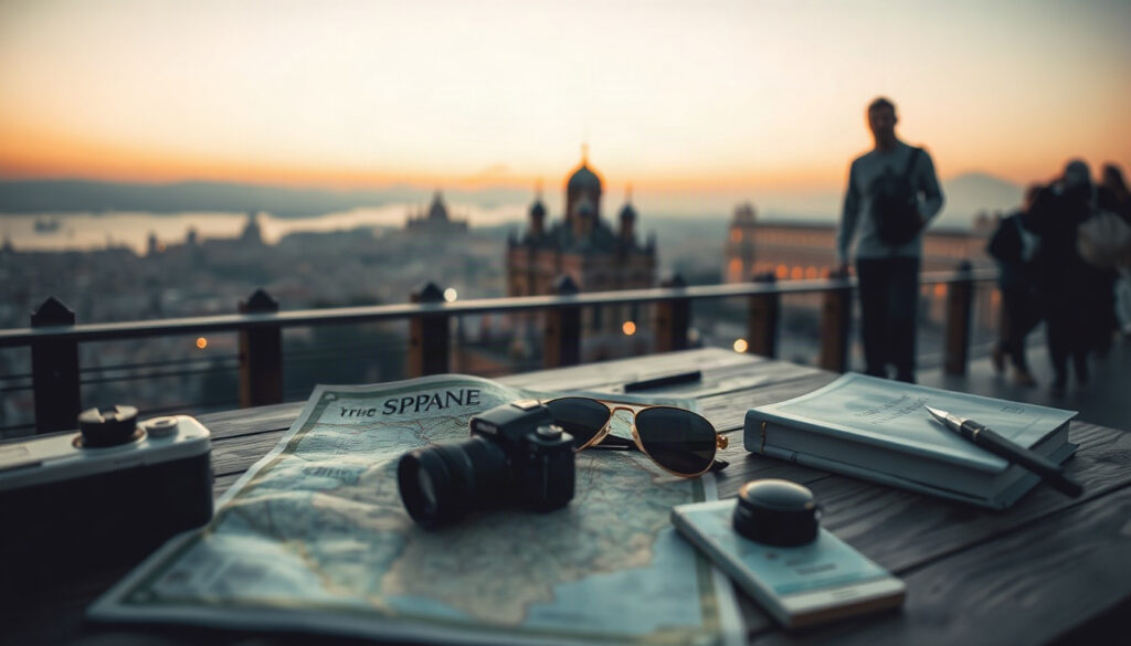 여기어때 스페인 - flat lay of Spain travel essentials including map, sunglasses, camera and guidebook on warm terracotta background, Spain travel concept