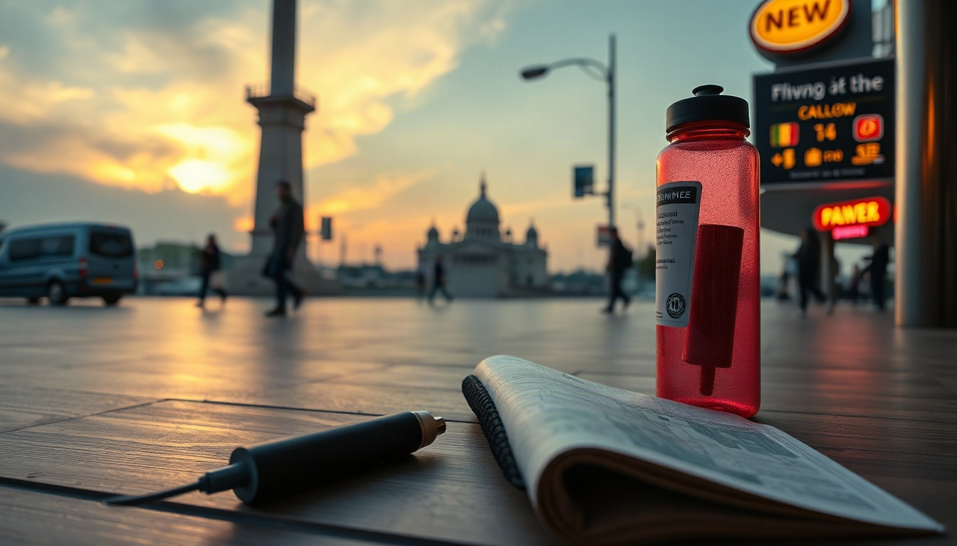 여에스더 남편 - flat lay of travel essentials including portable charger, map, and water bottle on wooden table, Jeju travel safety concept