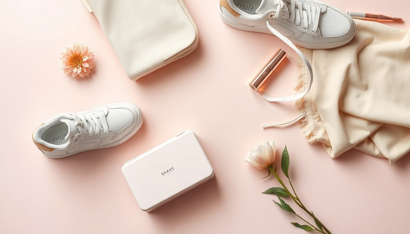 캐주얼 코디 - flat lay of casual fashion items including sneakers, tote bag, neutral color clothes and accessories on white background, casual coordinate concept