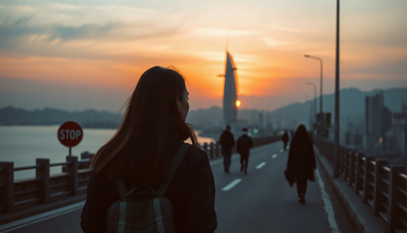 판단은 생각마저 - Korean woman full body shot with face visible, walking on a scenic coastal road with a small vintage camera bag, sunny day travel aesthetic