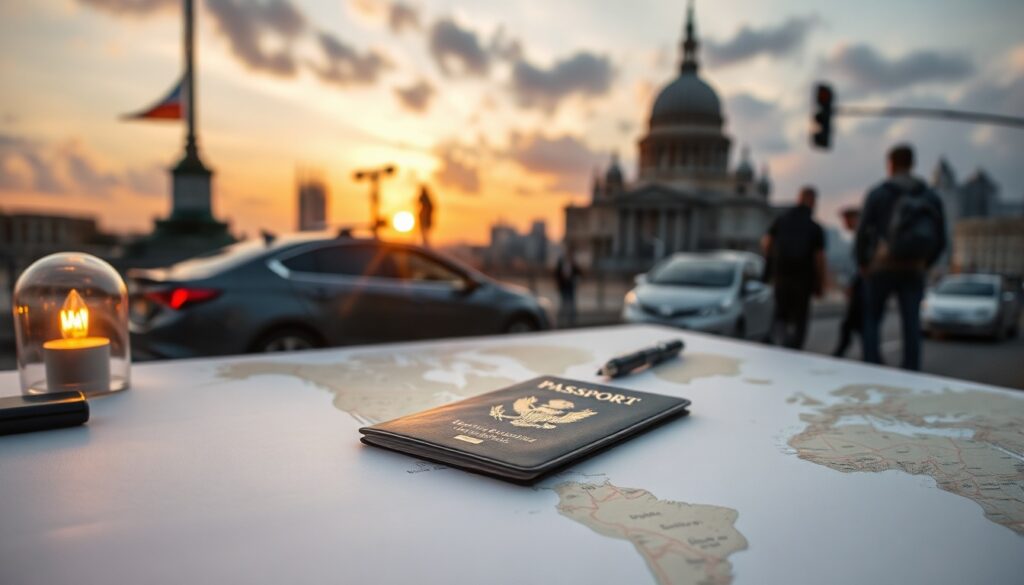 농협카드 개국 - flat lay of passport, world map, NH card and travel items on white desk, overseas travel discount event concept