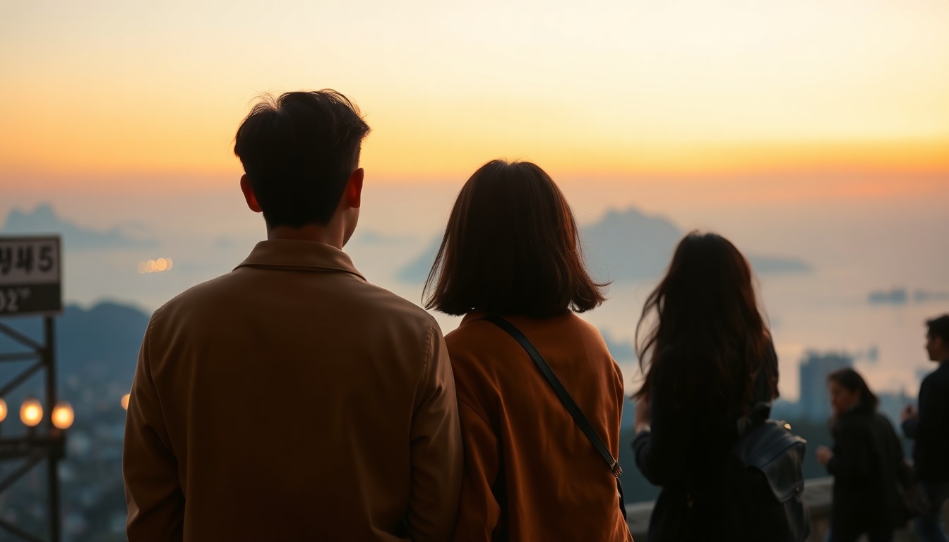 커플 여행 - Korean couple upper body shot with face visible, standing at scenic coastal viewpoint, warm golden hour lighting, natural hands holding together