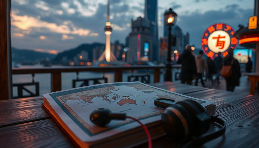 셀럽 목소리 - flat lay of travel guidebook, earphones and vintage map on wooden desk, Korean travel theme