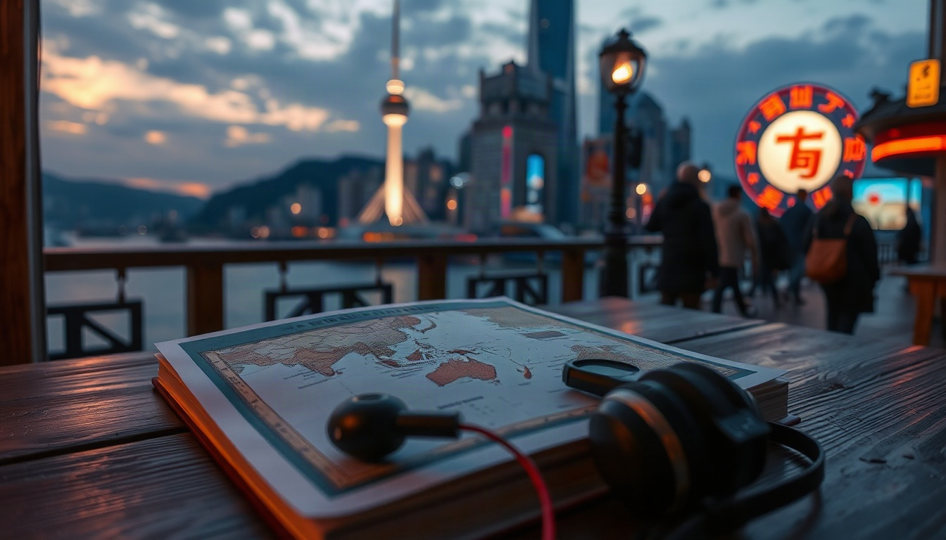 셀럽 목소리 - flat lay of travel guidebook, earphones and vintage map on wooden desk, Korean travel theme