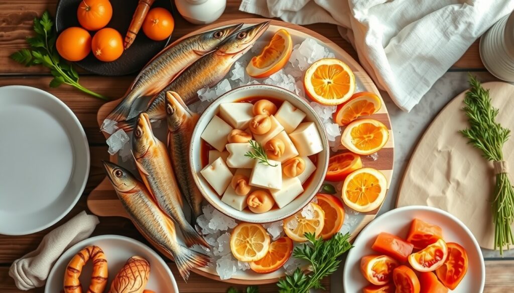 먹잘알 해수부가 - flat lay of fresh summer seafood including fish and shellfish on ice, overhead view, Korean seafood seasonal recommendation concept