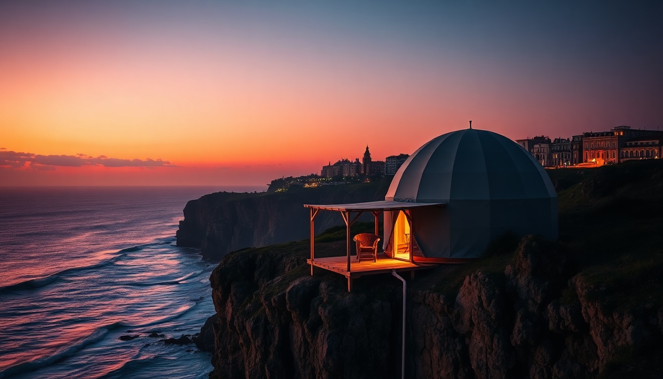 글램핑 추천 - glamping site on seaside cliff with dome tent and ocean view at sunset, romantic atmosphere, no people