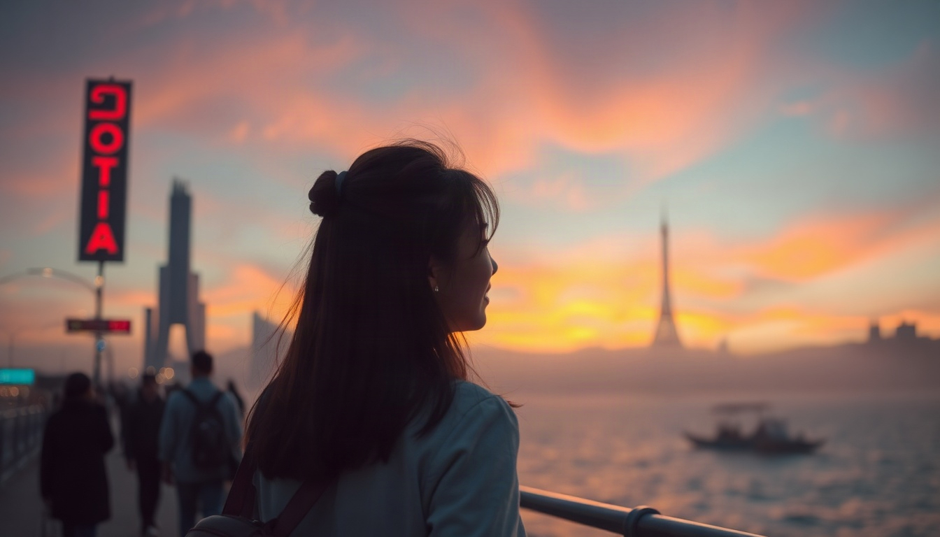 창하 타고 - Korean woman upper body shot with face visible, smiling and looking at ocean in Busan, with face visible, travel lifestyle concept