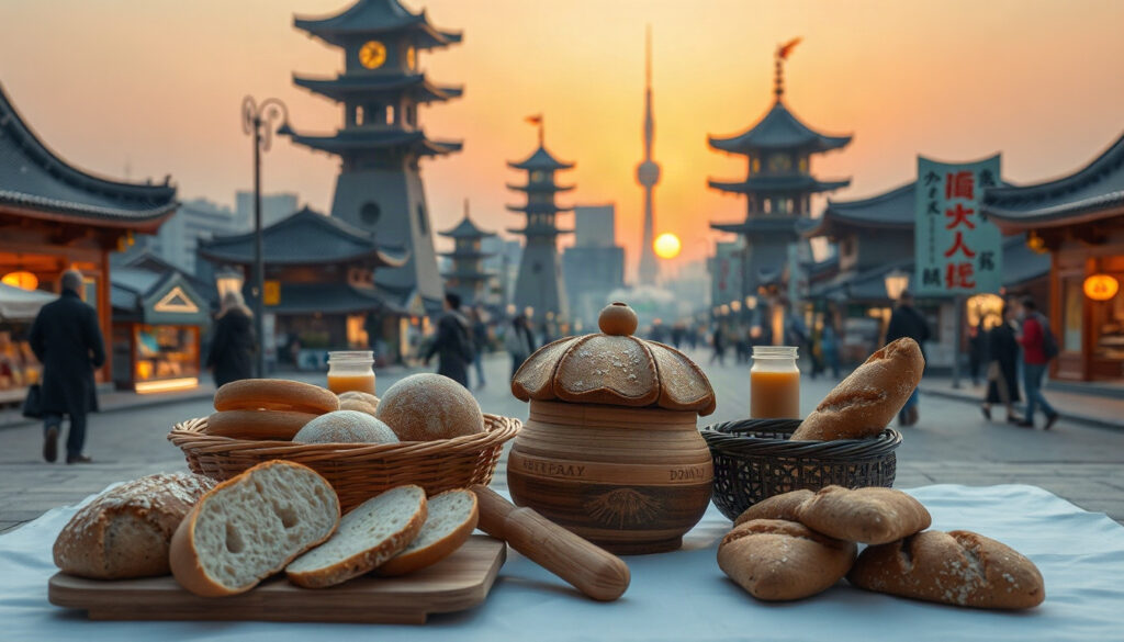 국중박 성심당 - flat lay of Korean traditional culture items and bread on white background, Daejeon travel concept with warm tones