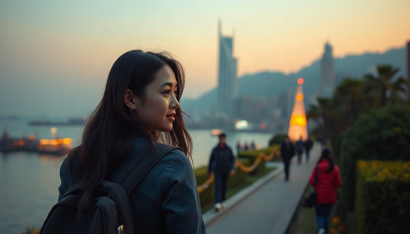 화요시선 일상 - Korean woman full body shot with face visible, walking on scenic coastal trail with backpack and hiking outfit, sports tourism in Korea