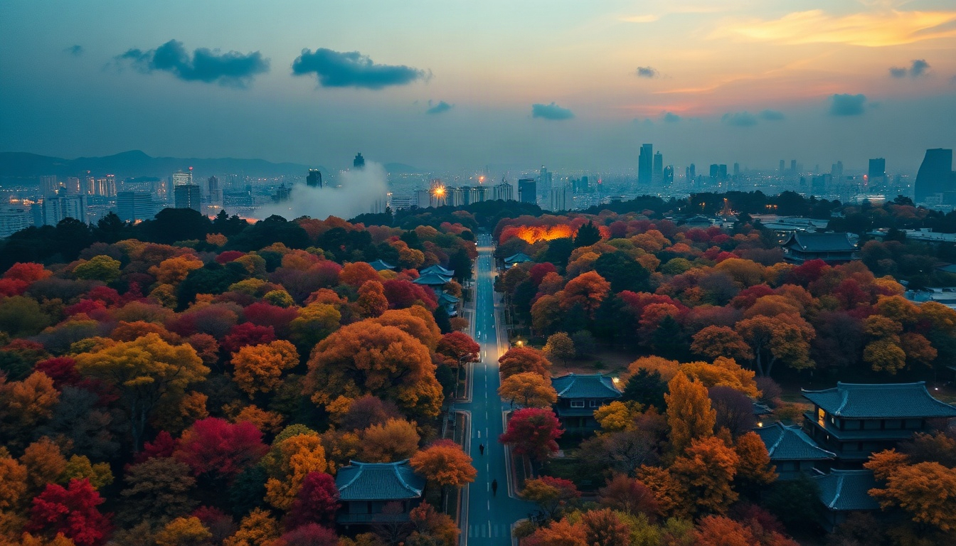 국내여행지 가을 - aerial view of colorful autumn foliage forest in South Korea, warm orange and red tones, scenic landscape