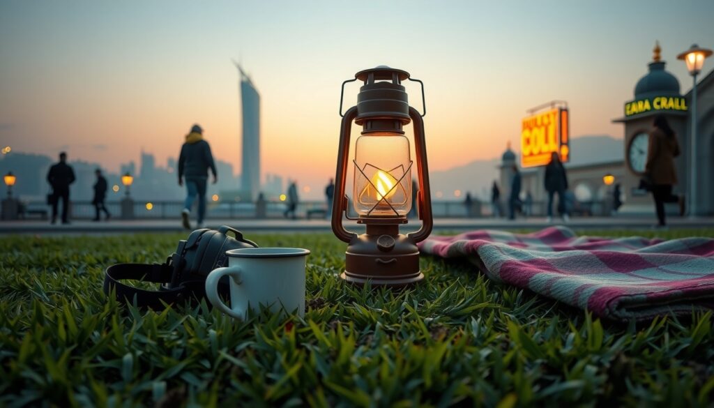 캠핑 추천 - flat lay of camping gear including lantern, mug, and blanket on green grass, Korean camping recommendation concept