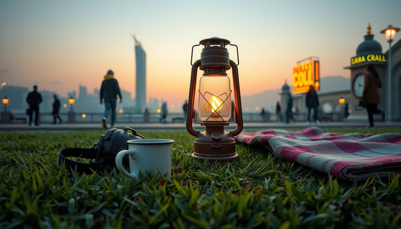 캠핑 추천 - flat lay of camping gear including lantern, mug, and blanket on green grass, Korean camping recommendation concept
