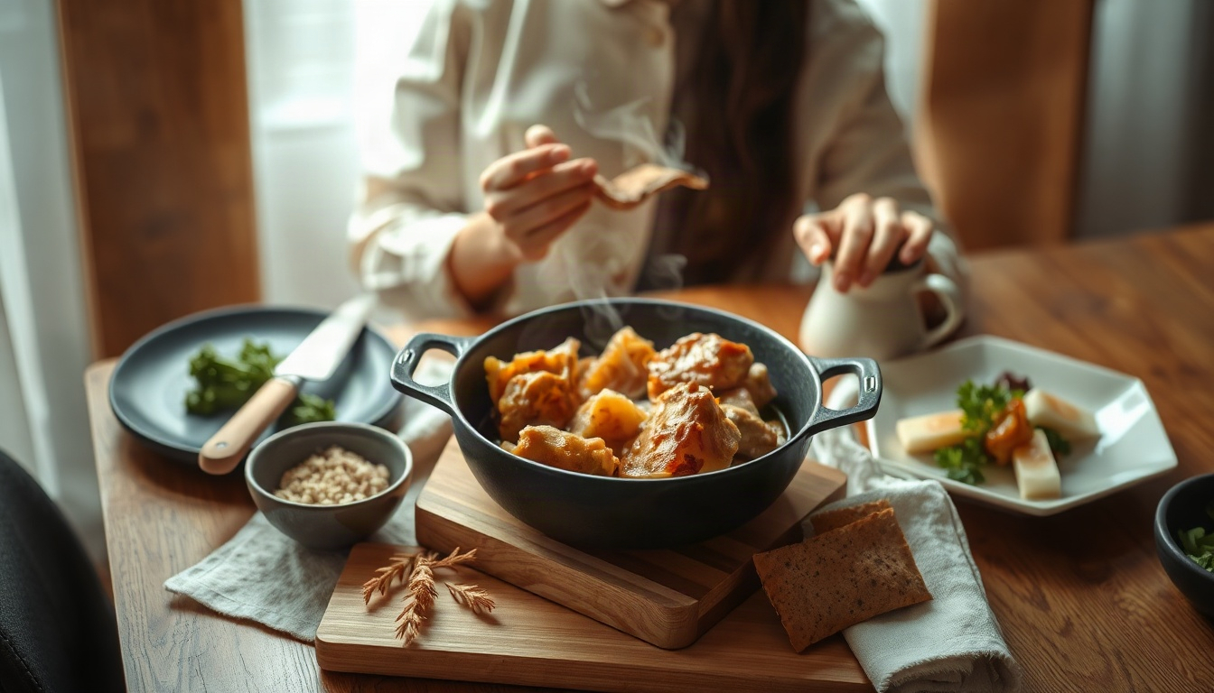 집밥 메뉴 추천 - upper body shot of Korean woman with face visible, cooking home meal in bright kitchen, natural hands, warm and cozy atmosphere