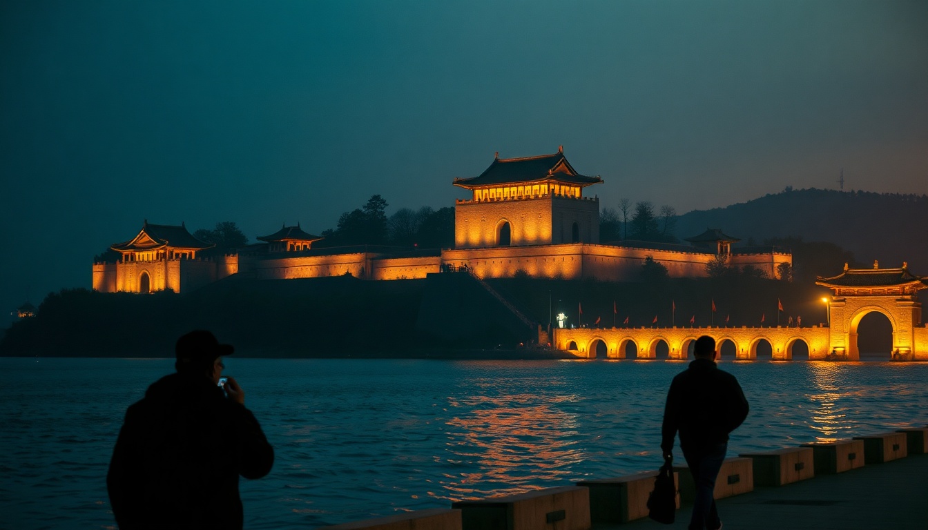 낭만이 머무는 - scenic view of Gongju Gongsanseong fortress illuminated at night with river reflection, romantic travel spot in Chungnam