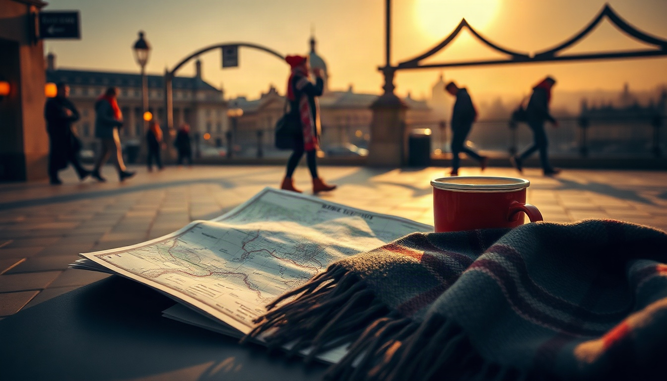 겨울 여행 - flat lay of winter travel essentials including wool scarf, map, and hot coffee cup on white snowy background, winter travel concept