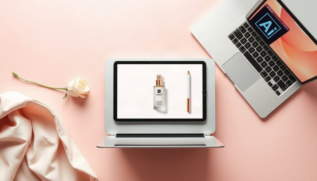 일러스트레이터 - flat lay of graphic tablet, stylus, and laptop showing Adobe Illustrator interface on white desk, illustrator design concept