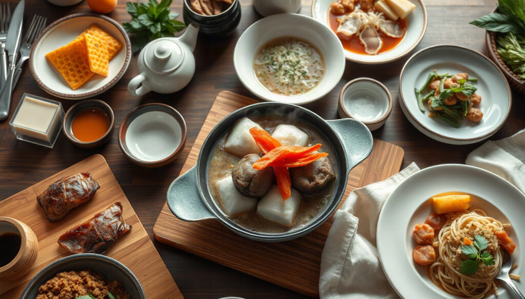 집밥 메뉴 추천 - flat lay of various Korean home-cooked meal dishes on a wooden table, cozy and warm atmosphere, home cooking menu recommendation concept
