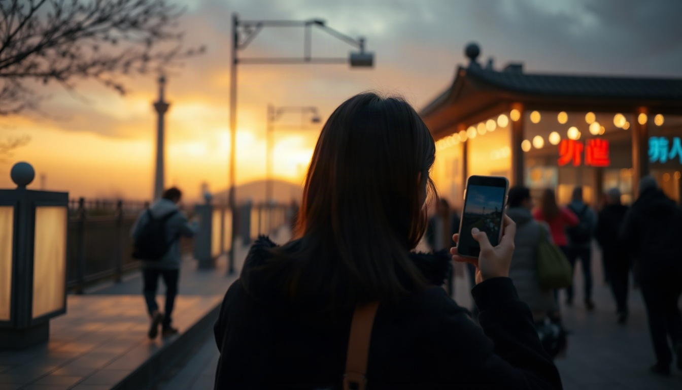 관광공사 근로자 - Korean woman upper body shot with face visible, using smartphone to book travel accommodation, natural hands, warm cozy cafe background