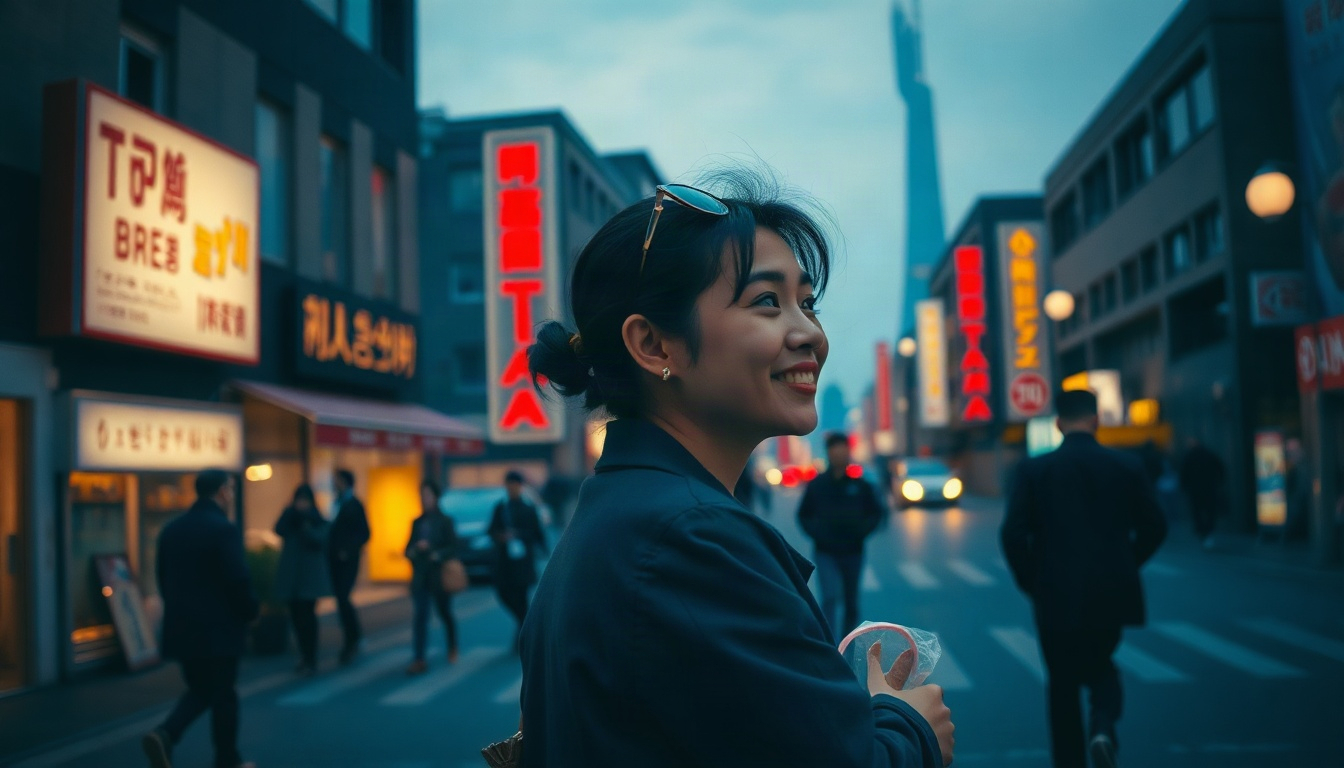 국중박 성심당 - Korean woman upper body shot with face visible, smiling and holding bread bag in front of bakery, warm natural lighting