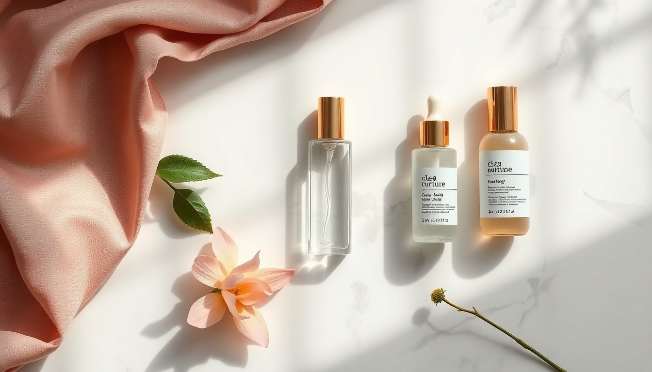 스킨케어 루틴 - flat lay of skincare routine products on white marble desk, cleanser toner serum moisturizer sunscreen arranged neatly, soft natural light