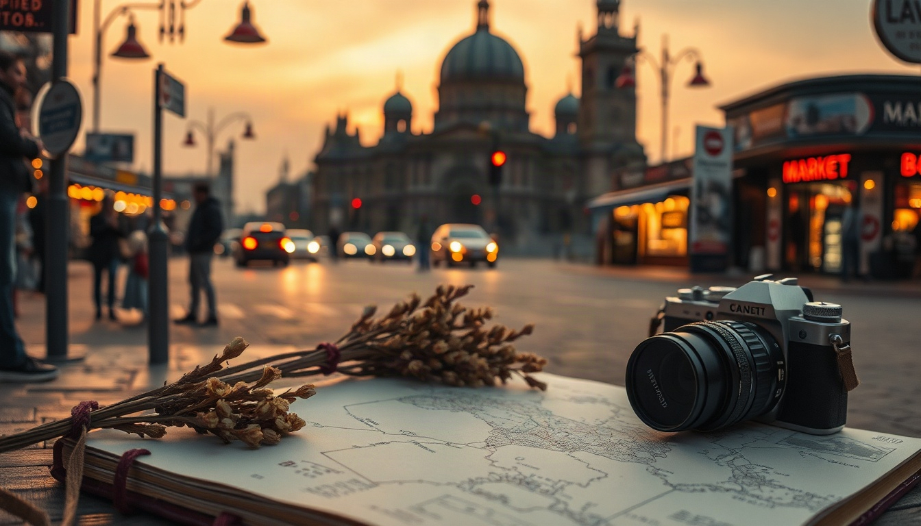 인증샷 찍으러 - flat lay of travel journal, dried flowers, film camera, and local market map on wooden table, slow travel aesthetic