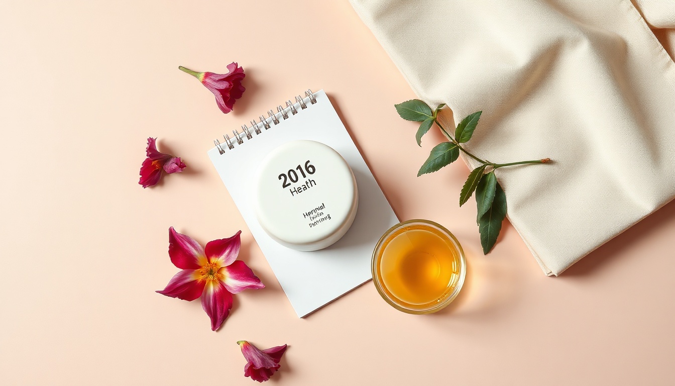 장영란 녹화 - flat lay of women's health items including calendar, herbal tea and journal on pastel background, menopause and women's health concept
