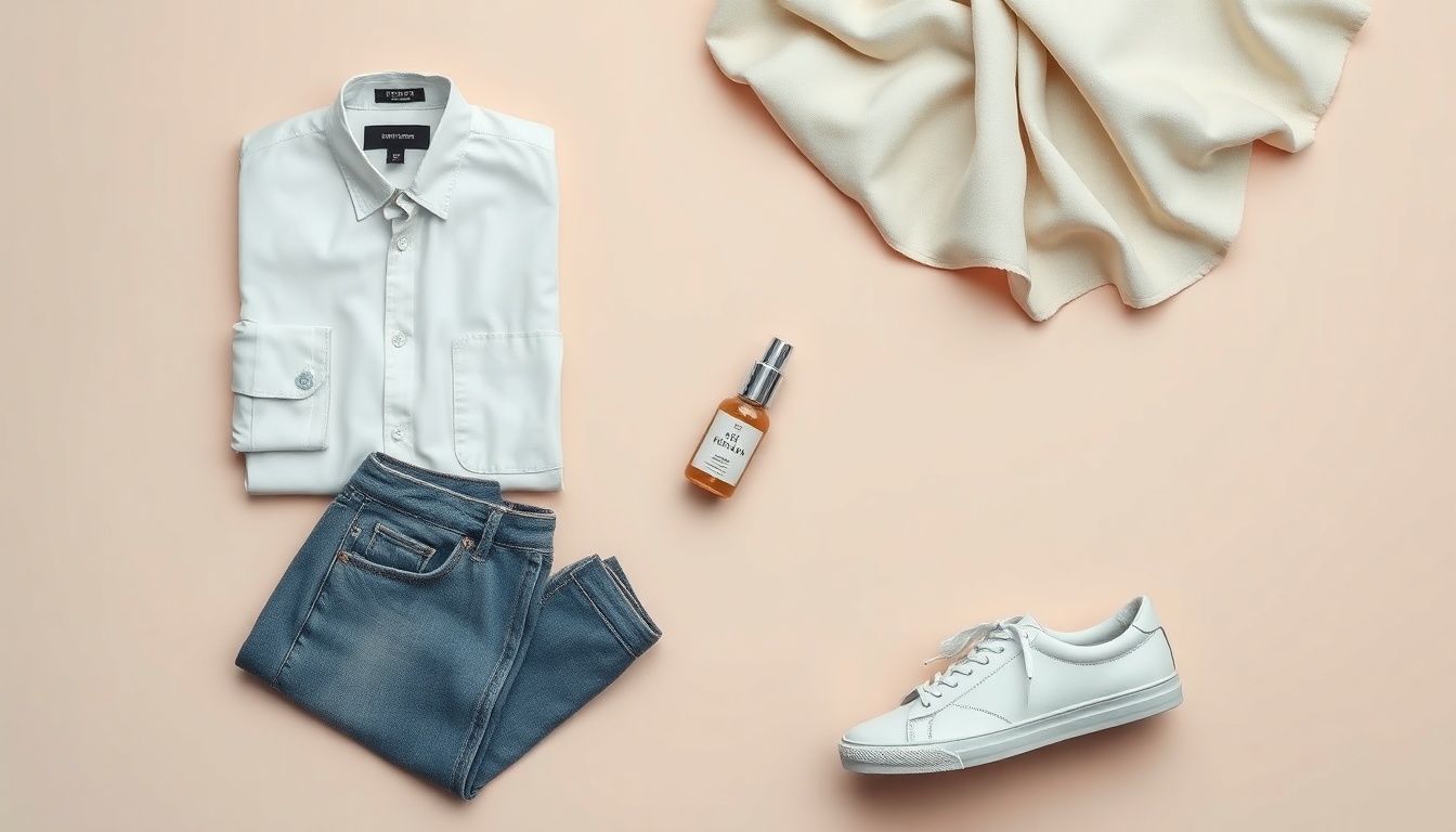 남자 코디 추천 - flat lay of men's casual outfit items including white shirt, denim jeans, sneakers and accessories on light background, men's coordinate recommendation concept