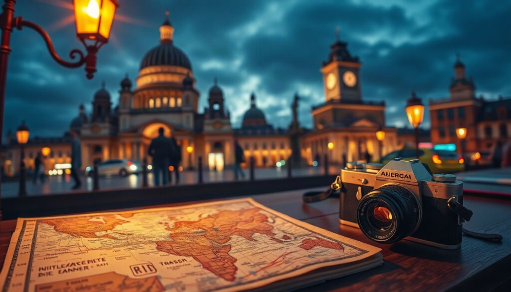 판단은 생각마저 - flat lay of vintage travel map, notebook, and camera on wooden desk, analog travel planning concept