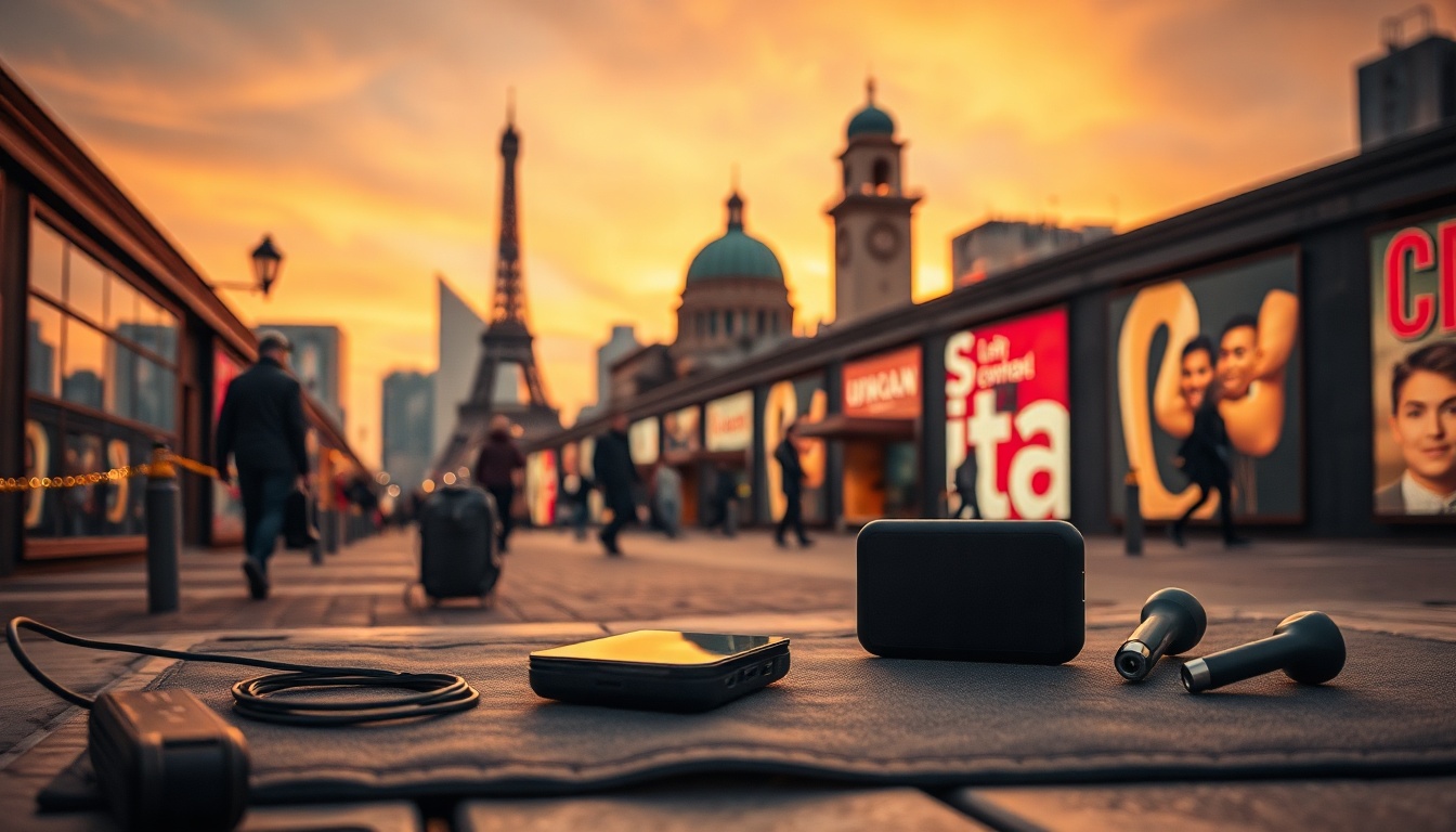 여행 준비물 - flat lay of travel electronic essentials including portable charger, earphones, universal adapter, and smartphone on light gray background